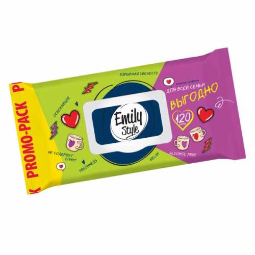 Салфетки влажные Emily Style 100+20шт с крышкой для всей семьи ЛАЙТ антибактериальные
