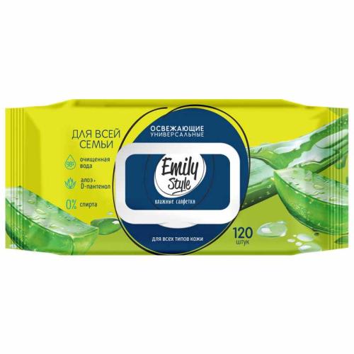 Салфетки влажные Emily Style 100+20шт с крышкой для всей семьи АЛОЭ