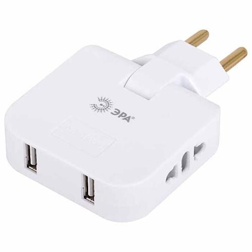 Тройник сетевой поворотный ЭРА SPF-2-FL-USB на 2 розетки+2USB 10А
