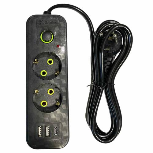 Удлинитель сетевой 2вх 2м с заземлением с выключателем + 2USB + Type-C HG-2602