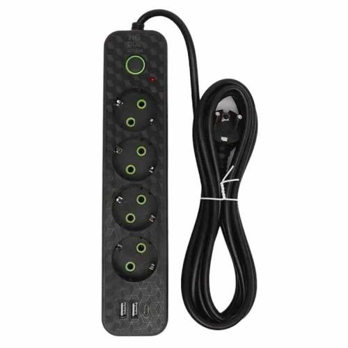 Удлинитель сетевой 4вх 3м с заземлением с выключателем + 2USB + Type-C HG-2604/1604