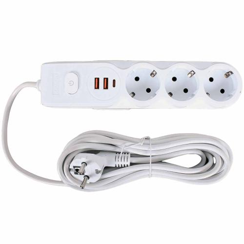Удлинитель сетевой 3вх 8м 16А, 2USB, Type-C, с заземл. X-PERT №707