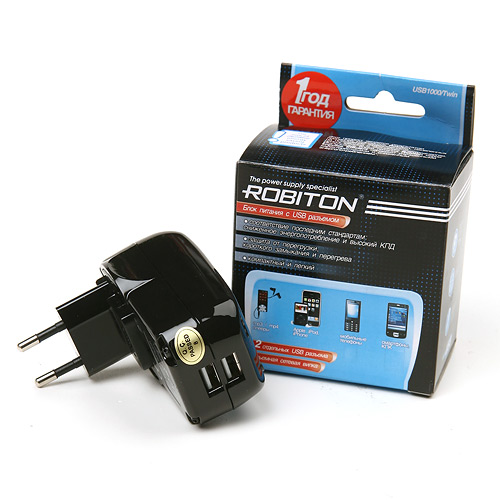 адаптер питания 220V/USB ROBITON/TWIN 2*USB 1000mAh
