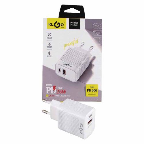 СЗУ 1USB+1PD (б/шн) 25W,QC3.0, 3A 5V KLGO PD-600 быстр.зарядка