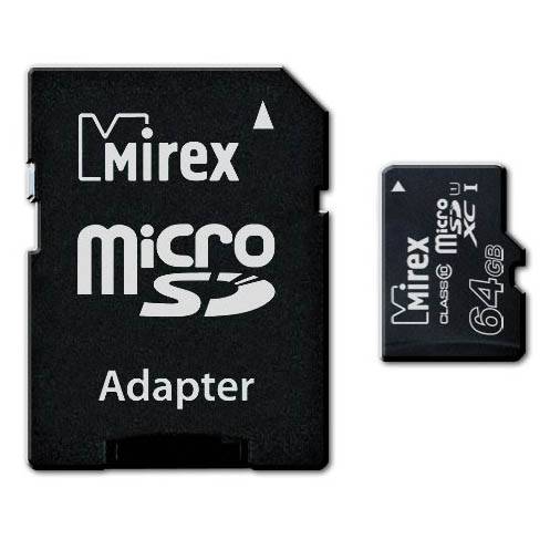 Память SD Micro 64Gb MIREX (+ adapter) класс 10 UHS-I 30Mb/s