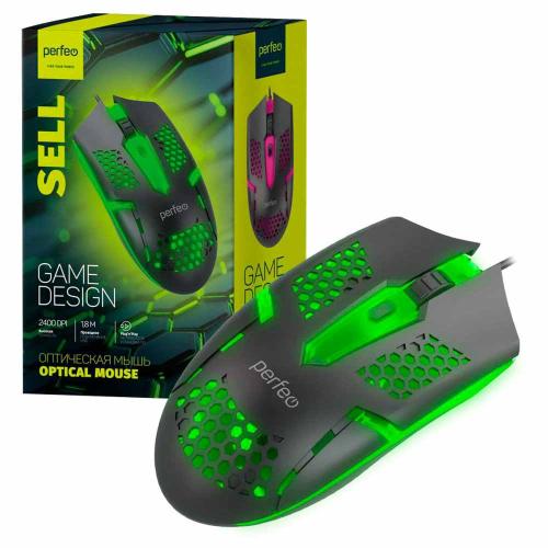 Мышь PERFEO PF-B3417 SELL USB, 6 кн., game design, 7 цв.подсветки, 2400DPI