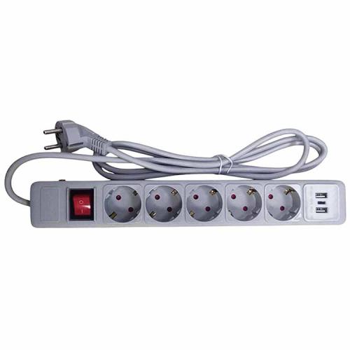 Фильтр питания JETT 5вх 3м с выключателем + 2USB + Type-C, 16А