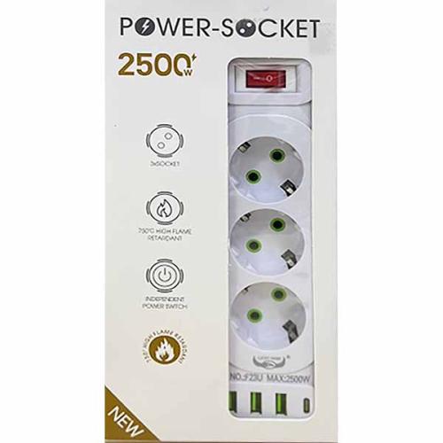 Фильтр питания POWER SOCET F23U-3м,3USB,Tyre-C,3 гнезда с выкл. и заземл,3 метра,10A